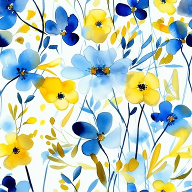seamless pattern, painting of delicate cute summerflowers, vibrant colors, yellow and blue, single flowers, watercolor watercolour, clipart, pattern designs, animated gifs, simplistic, minimalist, abstract