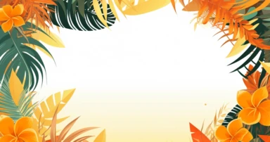 illustration of summer tropical background clipart tropical frame illustration, in the style of light yellow and dark orange, geometry-inspired, yanjun cheng, free-flowing lines, yellow and emerald, large canvas format, liquid emulsion printing