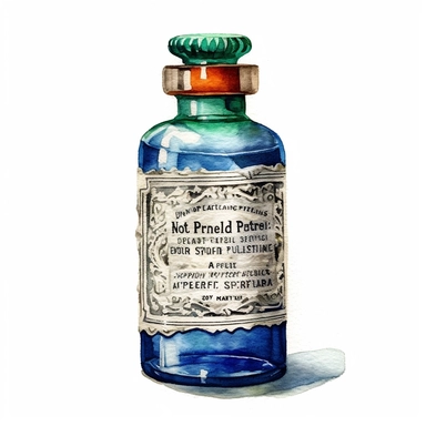 watercolor, hyper realistic, white background, white margins, 16k, ultra detailed clipart, cut out image, hand-drawn old-fashioned prescription bottle, complete with a label displaying handwritten typography and a classic twist-off cap.