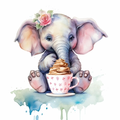 cute elephant sitting down eatting a cup cake, clipart, water colour hd