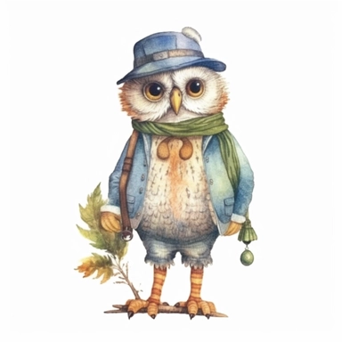 a Cute Happy Owl in the style of Watercolor Kate Greenaway Clipart, White Background