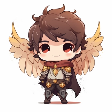 kawaii cute boy, fairy knight, tiny chibi body with armor, crown, two tone wings, smerk, super long cape, smile, clipart, sticker, retrowave style, no background, hd