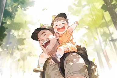 fathers day, water colour clipart, The baby sitting on father neck, cute happy, smile, cartoonic, forest,16K UHD,
