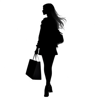 clipart girl silhouette in black with a bag in hand white background