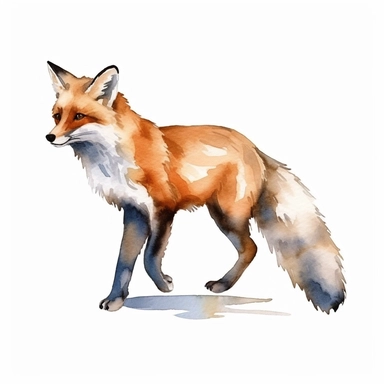 watercolor walking happy fox clipart, side view, cartoon style, simple style, white background