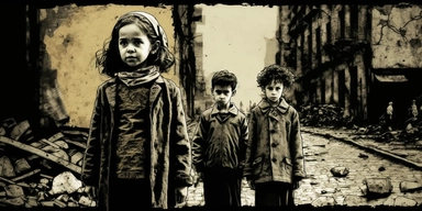 Creative graphic design, design, Small little jewish kids very thin, standing in front of the camera in the back The jewish WW2 the year is 1942, Very thin and poor people walking in the middle of a destroyed street in Warsaw, Huge destruction and devastation, dead people, dark sky, no hope, and the Resurrection, sepia colors, black and white, dark, deep pain, people in tremendous suffering, EPIC, Dark collage, clipart, graphic, illustrations, 16K