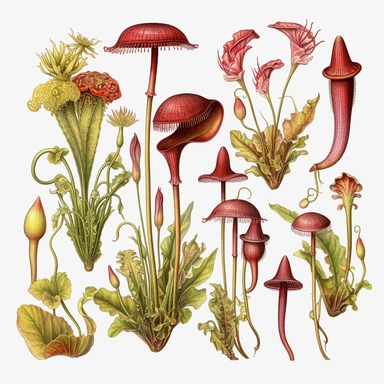 Clipart, vintage, watercolor, Carnivorous plants, botanical illustration, hand drawn, texture