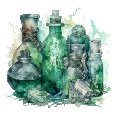 witch potions , in the style of mystic mechanisms ,pencil art illustrations, Isolated white background, reimagined by industrial light and magic, lith printing, illusory images, watercolor clipart, very subtle emerald tones, , ,