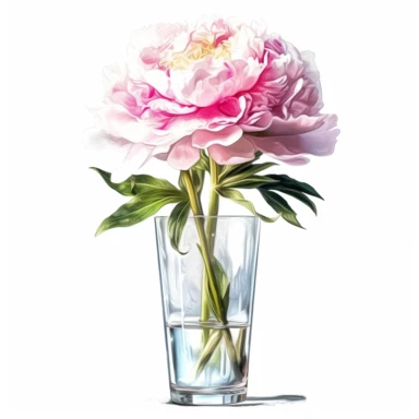 One Peony in Glass Vase Clipart on a white background, in the style of hyperrealistic illustrations, white and pink, realistic watercolor paintings, holotone printing, precise perspective, high resolution, les nabis, no watermark, text, words, paintbrush, typography , the images don't stick together, no words in the vase