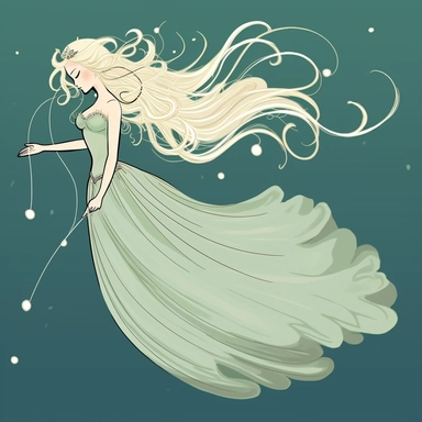 Create a cartoon-style clipart of a gossamer sylph gracefully suspended in mid-air, as if she were being kissed by the sky itself. Her delicate, gauzy wings should be visible, along with her flowing hair and ethereal gown. Use a high-contrast background to make the figure pop, such as pure white or deep black. The overall effect should be whimsical and airy, as if the viewer is catching a glimpse of a mystical creature from a storybook.