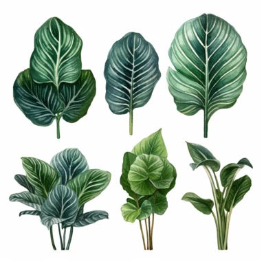 6 watercolored Calathea (Prayer plant) spaced out clipart depicted in the style of Botanical Illustration, capturing its intricate details, delicate veins, vibrant green hues, and a realistic portrayal of its texture, on white background