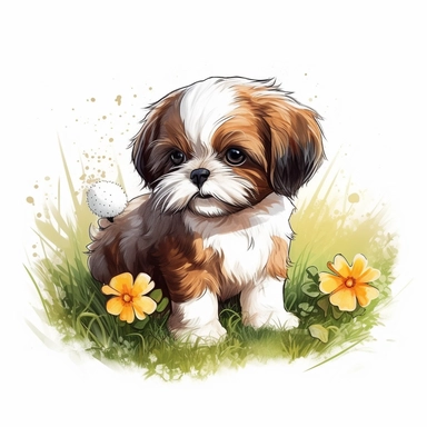 Draw a brown white shitzu puppy playing in a sunny day , wearing vivid color clothes, in a spring morning, clipart white background, 32k