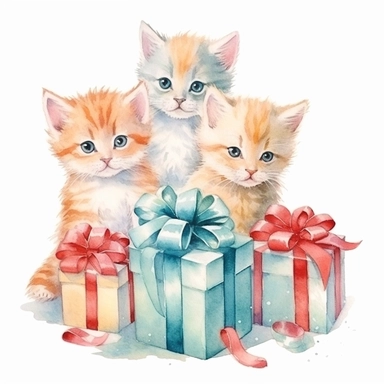 charming family of 4 kitten, Christmas morning, festive decor and mood, ornamental watercolor, clipart
