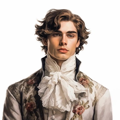beautiful stunning handsome boy in vintage baroque fashion , paint art style, clipart, white background, superrealistic, one of a kind