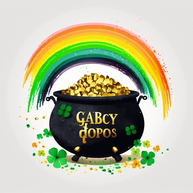 Black chauldron full of gold, rainbow exiting the chauldron, st patrick day, white background, handrawn watercolor graphic clipart, isolated on white background