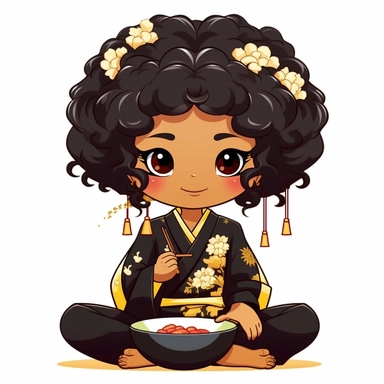 vector clipart stickers of a black chibi girl dressed in traditional japanese kimono sitting on the ground eating a bowl of noodles with chopsticks with proportional well defined hands, bent knees and bright beautiful brown eyes looking into the camera with defined anime eyes and mulan shoes disney chibi, defined arms and hands, afro chibi clipart, black asian girl clipart, brown skin asian clipart chibi stickers, character page
