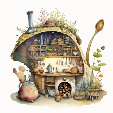 a hyper-detailed illustration watercolor clipart of a whimsical kitchen of a fairy house built out of natural materials by a human,complete kitchen utensil and kitchenware and foods in preparation watercolor illustration, illustration style a combination of Beatrix Potter and Tove Jansson,isolated on white background with margins, cut-out images