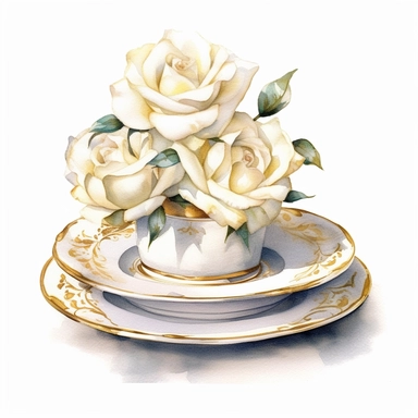 watercolor, white background, clipart, watercolor, white background, ultra-realistic and hyper-detailed clipart beautiful stack of plates surrounded by white roses, white and rich gold hues