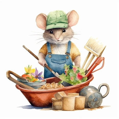 a playful watercolor clipart image with a white background, showcasing an enthusiastic cute cartoon mouse gardener with a straw hat and a wheelbarrow full of gardening tools, ready for a day of work.
