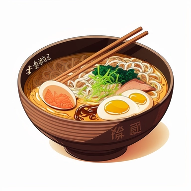 an bowl of japanese ramen, anime art, authentic ramen, white background, clipart