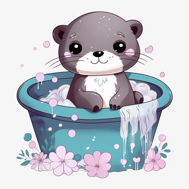 Otter with color black and white in tub PNG, otter candy floss colorful pastel Clipart, Kawaii otter