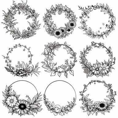 Nine extremely simple and beautiful uncomplicated minimalist design flower garlands clipart in 3 rows, 3 columns, line drawing in a perfect circle, very little detail, mixed drawing so that certain parts of the circle are flowers, straight line, hidden and dotted line, flower details do not enter the circle or enter very little, black focus, high quality, aesthetic style, white background, garlands only,8k