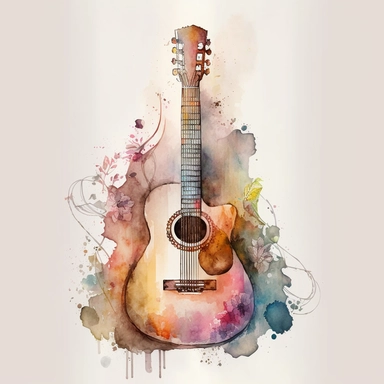 watercolour acoustic guitar pretty, no color background, tempera clipart illustration, drawn in Illustrator