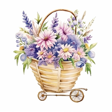 Compose a heartwarming hand-drawn watercolor clip art image portraying a family gift niche with birth flowers representing a family of three. Customize the image by selecting birth flowers for each family member: a February baby (Violet), a July baby (Larkspur), and a September baby (Aster). Add whimsical elements such as butterflies, birds, or even a small family pet to create a sense of joy and playfulness within the artwork.