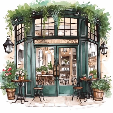 ultra realistic commercial shot of watercolor illustration style of cute french cafe interior with open doors clipart, floral glowing plants clipart, delicious pastry, illustration style, 8k trending in etsy, super bright vivid, svg, white background, art nouveau art style, ink contour