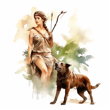 Fantasy Style Ancient Rome style Hunter Woman and hunting dog with watercolor effect,Bay leaves,suitable for digital clipart,white background,Mythologic Scene,Ancient rome fashion