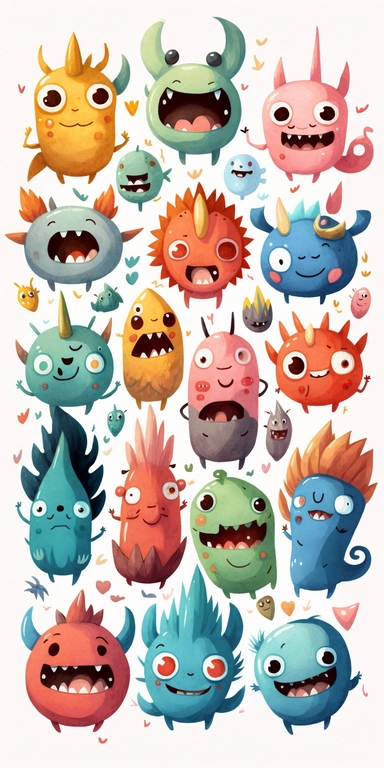 lots of happy cute minimalist anime monsters. Watercolor clipart style. White background.