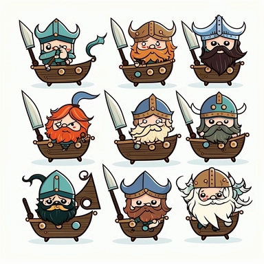 10 cute barbarian soldier army on viking ship stickers collection, clipart design, cartoon, 4k, white background
