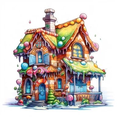 Gingerbread House, style by Lucy Fleming, watercolor, smooth gradients, black contour outline, ultra detailed, clipart elements, vibrant colors, solid white background, super clear, high quality