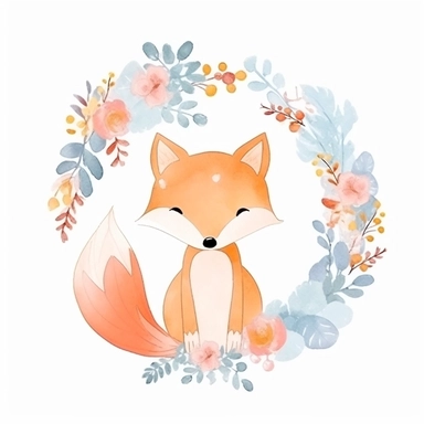 cute fox in a dainty floral wreath, magical, kids art, clipart, isolated white background, 8k