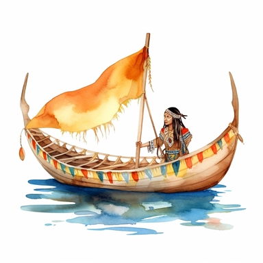 a American Indian kanu boat in watercolor style for kidsbook , simply design, clipart, white background