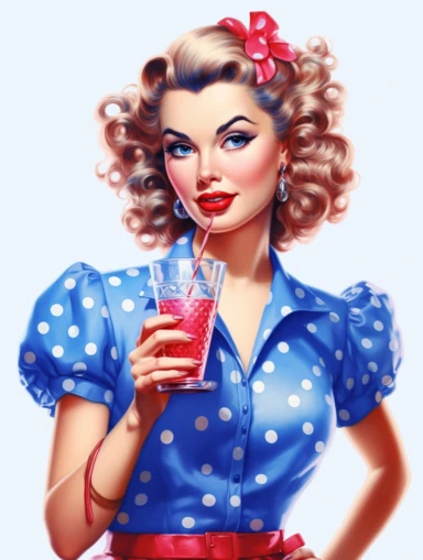 Portrait of a stunning housewife drinking cocktail against white background, in the style of vintage-inspired pin-ups, realistic figures, polka dot madness, neon indigo and blue , against white background clipart png