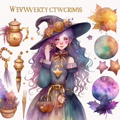watercolor set of witch golden Keys, watercolor clipart, isolated elements, in the style of the stars art group (xing xing), tanya shatseva, artgerm, Victor Nizovtsev, Josephine Wall, pastel colors scheme, charming character illustrations, cute cartoon, beautiful facial features, detailed costumes, lovely, uhd image, transparent/translucent medium, bloomcore, matte painting, white background, Nita Engle, Anne Kullberg, Yee Chong, Larissa Ria Loomans –seed 3485400104