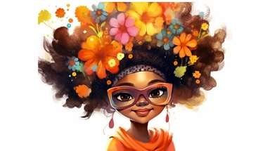 A delightful clipart portraying an African American girl with an intricately textured hairstyle, dressed in fashionable and whimsical attire that exudes her playful spirit. The artwork is rendered in a watercolor art style, with bold brushstrokes and vibrant hues, evoking a sense of joy and spontaneity. The high-resolution and transparent background add a touch of elegance to the overall composition.