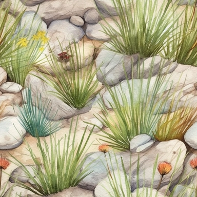 seamless pattern watercolor art of tuft of grass with rocks and bugs in a field, in the style of realistic and hyper-detailed renderings, sketchfab, ahmed morsi, realistic watercolor paintings, use of common materials, handcrafted designs clipart