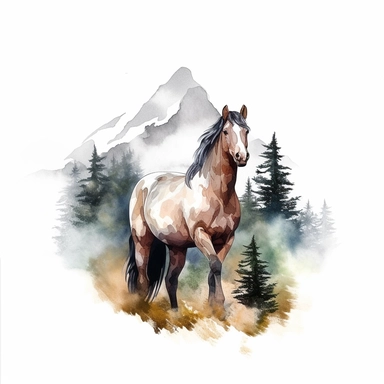 watercolor style, horse with the mountain forest in the back clipart, isolated on white background, hd