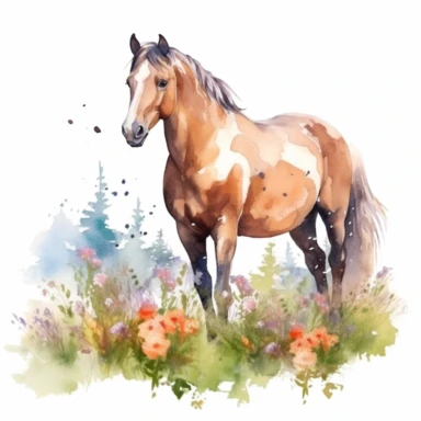 detailed watercolor clipart, photography style, beautiful horse, in a meadow, full body, spring floral,self shadow, white background