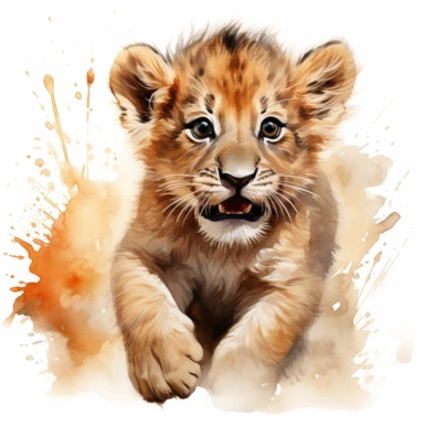 hyperrealistic ultra detailed watercolor clipart, cute baby lion jumping, isolated on white background, in the style of digital print, clipart, illustration, sticker, ultra high definition, rich details, 32K, HD