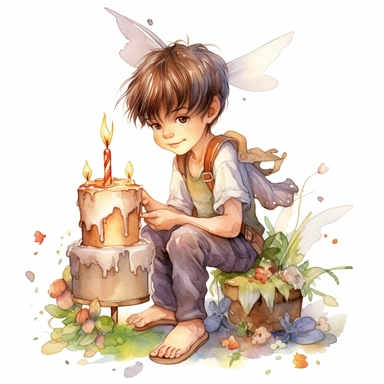 beautiful fairy boy Birthday, illustration clipart, high detailed, white background, digital art, watercolor, hd