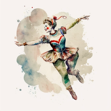 a vintage style overrealistic acrobat woman wearing a jester costume and making a gymnastic show at the circus with watercolor effect,vintage style,circus scene,white background,suitable for digital clipart