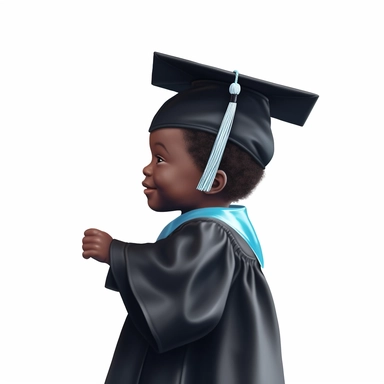 a black toddler graduate, with a light blue graduation cap, 3k graduation, sideview, faceless, hands up, soft illustartion, clipart
