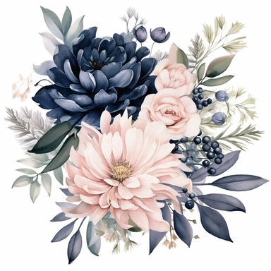 detailed painting of beautiful navy blue and blush pink flowers to be used for wedding clipart