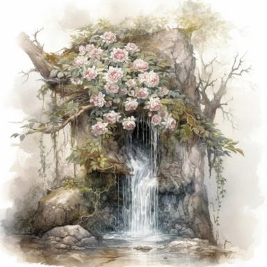 isolated on white illustration watercolor art of a part of a waterfall and tree in forest, overgrown with white and light pink roses and flowers, covered with snow and ice, a lot of moss and branches, lace and embroidery, masterpiece by Tomasz Alen Kopera style and by Carl Holsoe style and by James C. Christensen style and by Alexander Jansson style, Baroque Architecture, PNG clipart, isolated on white, white background, extreme photorealistic details, 32k HD resolution, realistic high detailiza