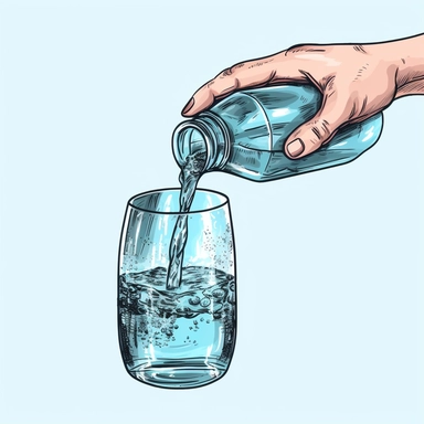 Women's hand pours water from a glass bottle, simple, Clipart