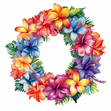 Hawaiian Lei, watercolor, white background, high detail, unique, intricate detail, hand - painted Sublimation Clipart,Cartoon,hyper realistic, intricate detail, illustration style,high solution,on the white background