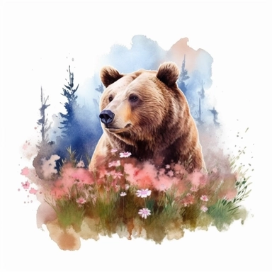 detailed watercolor clipart, photography style, beautiful bear, in a meadow, HDR, spring floral,self shadow, white background